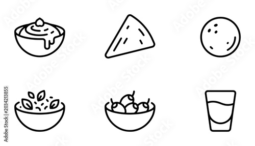 Bild auf Leinwand Mexican Food Icons Set: Tacos, Guacamole, Tequila, Nachos, Salad, Fruit Bowl Vec