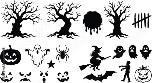 Photos Halloween Silhouette Icon Collection Featuring Pumpkins, Ghosts, Witch, Zombie,