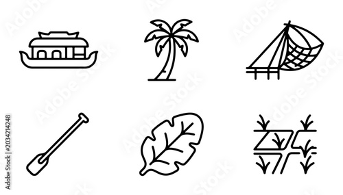 Obraz na płótnie Kerala Backwaters Icons: Houseboat, Palm Tree, Fishing Net, Paddle, Leaf, Rice P