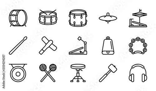 Fotografie Drum Kit Icons, Percussion Instruments Vector Set, Music Performance Symbols