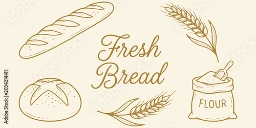 Photos Bakery Delights: A charming illustration showcasing a selection of baked goods including a French baguette, a round loaf, wheat stalks, and a bag of flour