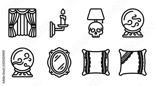 Foto Gothic Home Decor Icons: Crystal Ball, Skull Lamp, Ornate Mirror, Curtains, Cand