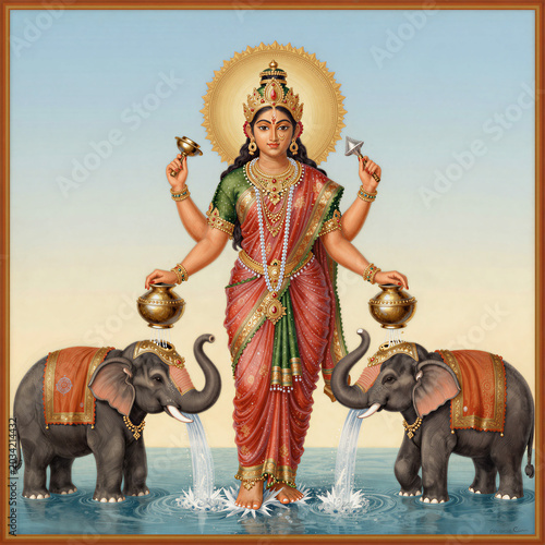 Goddess Lakshmi Being Bathed by Elephants in Traditional Hindu Oleograph