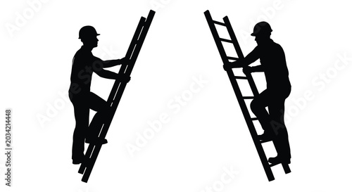 Construction worker climbing a ladder black silhouette against a white background silhouette laborer tradesman ascending workman