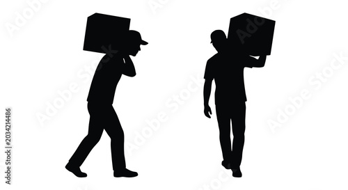 Obraz na płótnie Two men carrying boxes on their shoulders black silhouette man porter carrier la