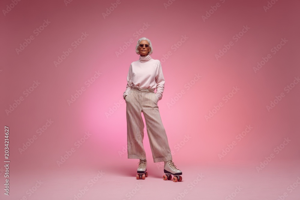 Fototapeta premium Elegant grandmother on retro roller skates in sporty trousers against a pink studio backdrop