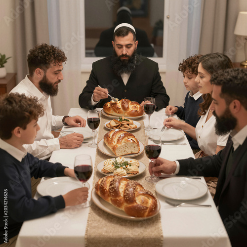 Jewish Family Celebrating Shabbat Dinner with Challah Bread and Wine