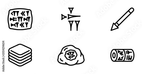 Foto Ancient Cuneiform Writing System Icons: Clay Tablet, Stylus, Cylinder Seal, Rock