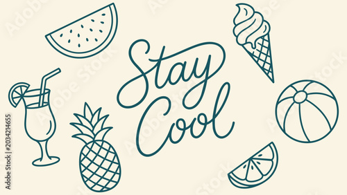 Fényképezés Stay Cool Summer Vibes: A collection of refreshing summer icons, including a slice of watermelon, ice cream cone, tropical drink, pineapple, orange slice, and beach ball