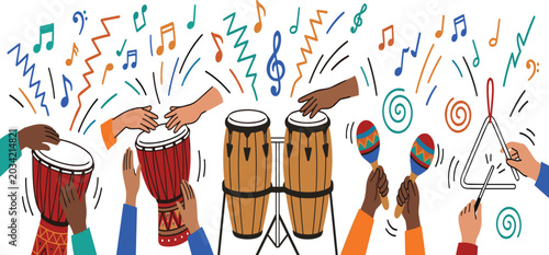 Photos Colorful percussion instruments background doodle banner with hands playing djem