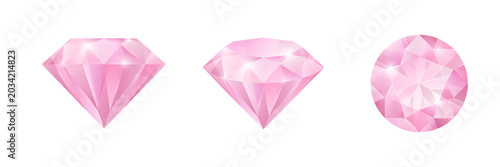 Glow shine pink gem diamond round brilliant cut, front view, isometric, top view. Vector illustration