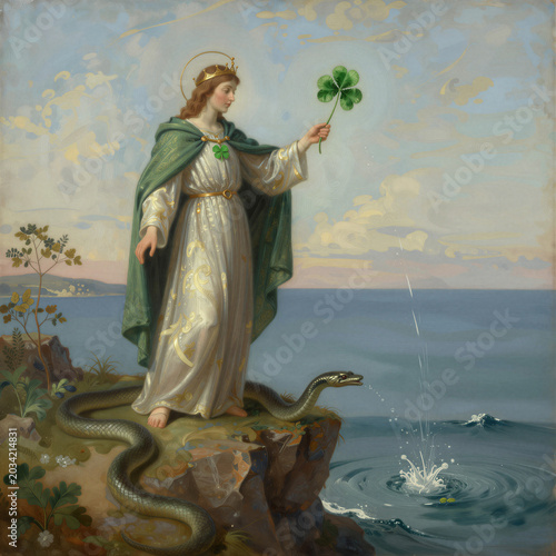 Saint Patrick Standing on a Cliff Banishing Snakes into the Sea with a Green Landscape in a Romantic Painting Style