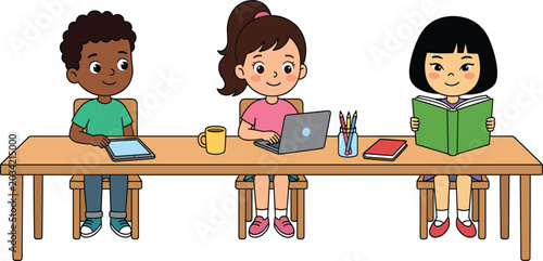 Foto Cute Diverse Kids Studying at Long Desk with Laptop Tablet and Book in Classroom
