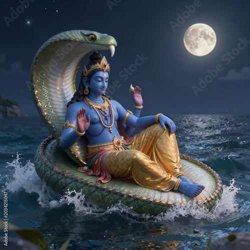 Vishnu reclining on Shesha serpent in cosmic ocean with Lakshmi at his feet under the full moon