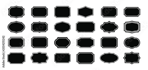 Black decorative label silhouettes, vintage frame shapes, retro outline badges, ornate geometric borders, empty tag design graphics, elegant shield and royal crest emblem vector set for branding and p