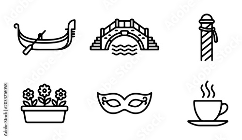 Foto Venice Icons Set: Gondola, Bridge, Mask, Coffee, Flowers, Pole - Travel & Cultur