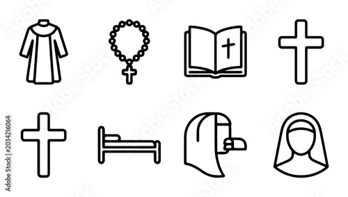 Foto Religious Icons Set: Cross, Rosary, Bible, Nun, Vestment, Bed, Faith Symbols, Ch