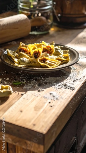 Fresh Stuffed Pasta Arranged on Dark Plate on Rustic Wooden Kitchen Counter