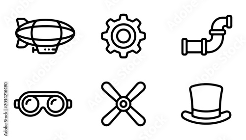 Konstfotografi Steampunk Icons: Blimp, Gears, Pipes, Goggles, Propeller, Top Hat Vector Set