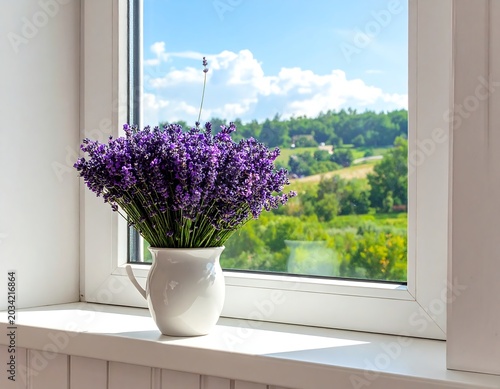Fresh lavender in pitcher on windowsill with view