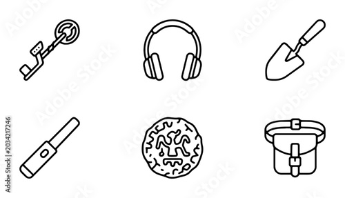 фотографія Metal Detector Icons, Treasure Hunting Tools Set, Outdoor Exploration Gear, Vect