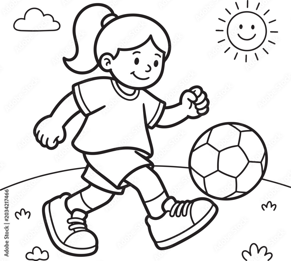 Obraz premium Little girl with ponytail playing soccer on sunny day landscape outline vector illustration for children coloring page.