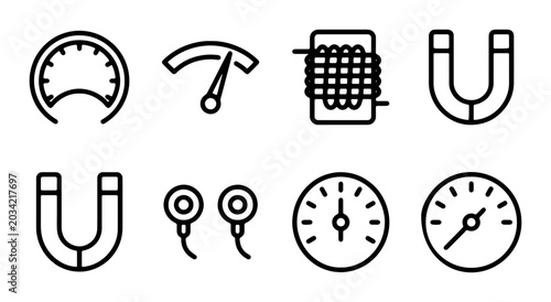 Photography Science Icons: Magnetism, Electricity, Measurement Gauges, and Earbuds Vector Se