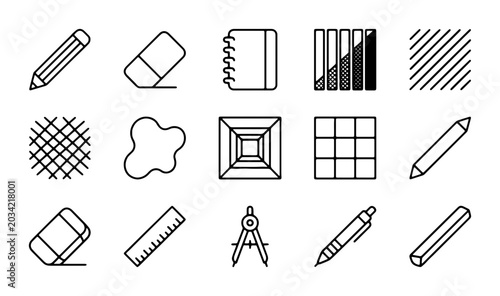 Photos Stationery Icons Set: Pencil, Eraser, Ruler, Compass, Pen, Notebook, Abstract Sh