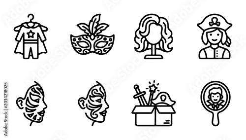 Foto Costume Party Icons: Masquerade, Pirate, Superhero, Wig, Face Paint, Mirror, Tre