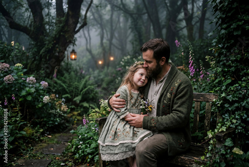 Loving father hugging little daughter in vintage linen dress while sitting on wooden bench in magical foggy garden for cottagecore lifestyle or fairytale family bonding concept