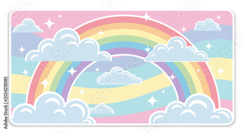 Fényképezés Whimsical Pastel Rainbow Sky with Fluffy Clouds and Sparkling Stars