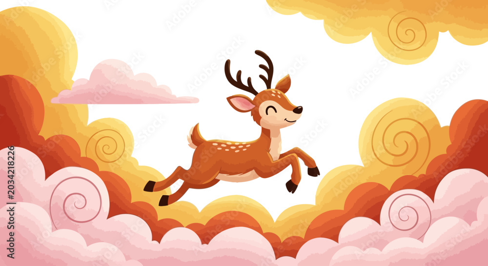 Fototapeta premium A cute deer jumps joyfully through stylized clouds.