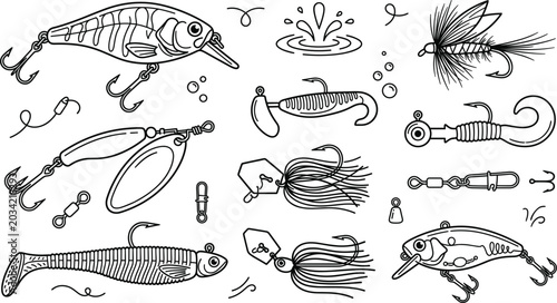 Tableau sur toile Fishing lures line icons vector set featuring realistic spinners crankbaits soft plastics hooks water splashes and tackle elements