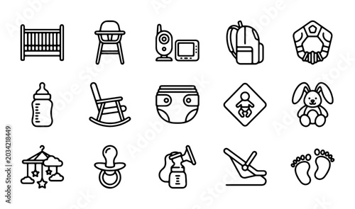 Baby Care Icons Set, Newborn Essentials Collection, Infant Products Vector Graphics