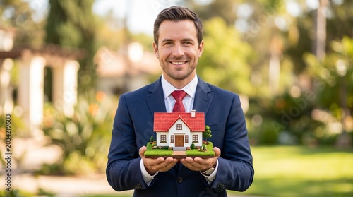 Smiling businessman holding miniature house model outdoors real estate concept