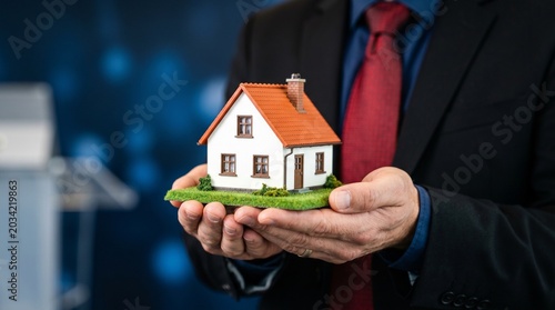 Businessman holding miniature house in hands real estate concept