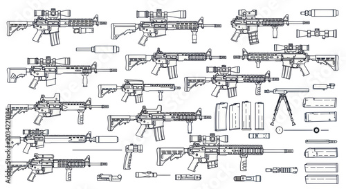 Foto Assault Rifle Collection: Detailed Line Art Illustrations with Accessories