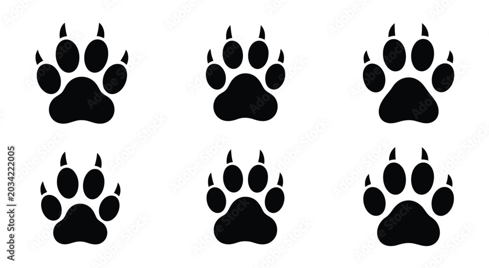 Fototapeta premium Animal paw print vector icons set, black predator footprints with sharp claws, wild beast track silhouettes collection of six, hunting and nature themed design elements.