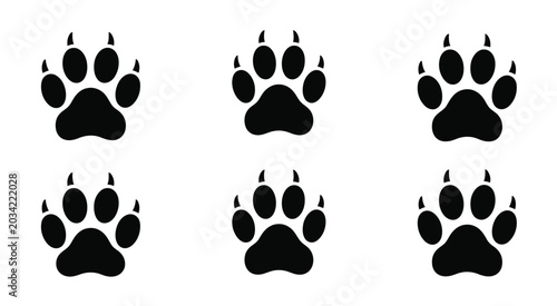 Foto Animal paw print vector icons set, black predator footprints with sharp claws, wild beast track silhouettes collection of six, hunting and nature themed design elements