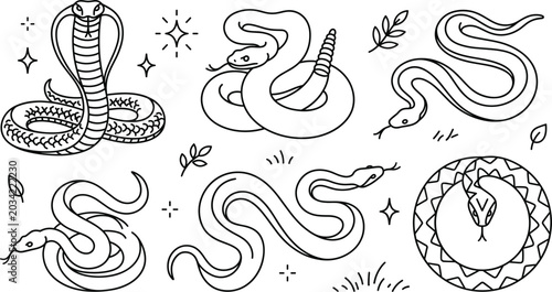 Foto Snake vector icon set with cobra rattlesnake ouroboros celestial mystical line a