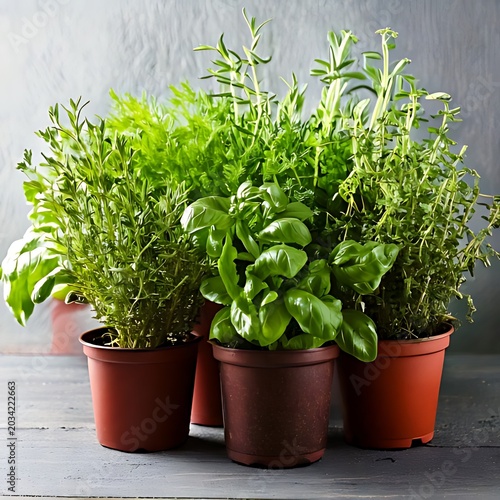 Fresh potted herbs in a rustic setting