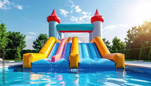Colorful inflatable water slide castle in backyard swimming pool on sunny summer day, family leisure, bouncy house, pool party, kids entertainment.