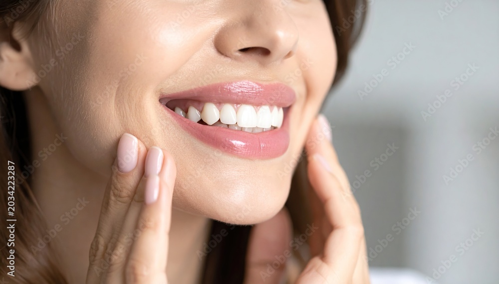 Fototapeta premium Close up of young woman smiling with healthy white teeth and pink glossy lipstick touching face, dental care, oral hygiene, teeth whitening.