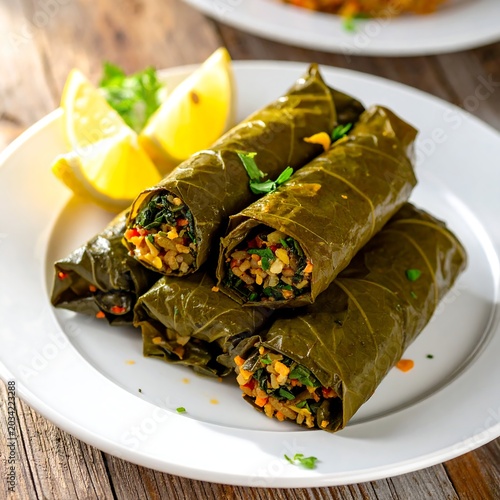 Fresh Stuffed Grape Leaves Arranged on White Plate on Rustic Wooden Table