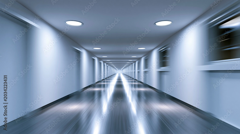 Obraz premium Modern empty corridor with motion blur perspective and futuristic architectural interior design.