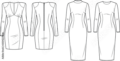 Bild auf Leinwand Fashion technical sketch of women dresses template set featuring long sleeve str