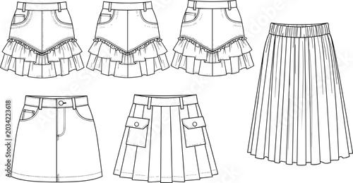 Canvastavla Fashion technical sketch set of women skirts templates featuring ruffled tiered