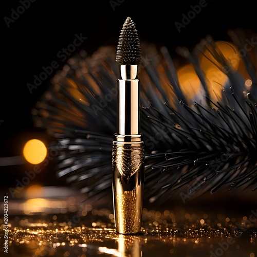 Golden cosmetic wand with festive bokeh background