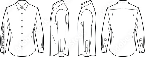 Obraz na płótnie Men formal long sleeve dress shirt front back and side views vector line art ill