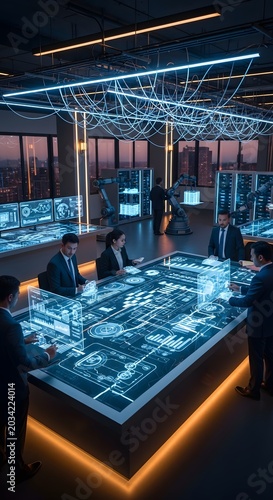 Business professionals using holographic technology in modern office
